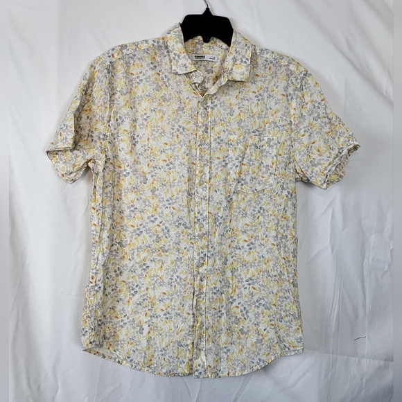 Sonoma Mens Gray Yellow Abstract Floral Linen‎ Blend Short Sleeve Boho Button M - Picture 1 of 8